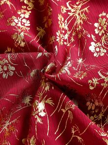 2pcs Women Arabic Middle East Style Robe With Shawl Collar, Floral Embroidered & Metallic Printing Detail - Burgundy - View 11