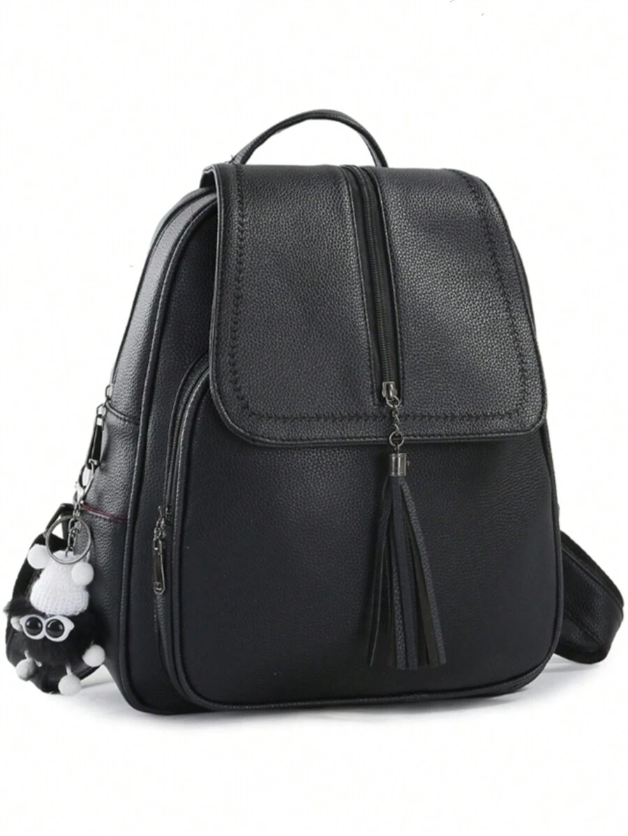 Women's Elegant Leather Backpack With Reinforced Animal Key Chain - 黑色 - 查看 1
