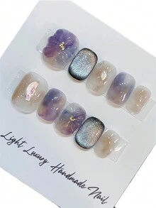 10 件/套 Diy 手工简约百搭手绘图案，水彩染紫罗兰花，手工花朵立体造型短指甲，整体优雅轻奢风格，包括短方形假指甲、1 件果冻凝胶和 1 件指甲锉，非常适合日常生活和派对装扮按压指甲美甲用品（显示卡随机） - 彩色 - 查看 5
