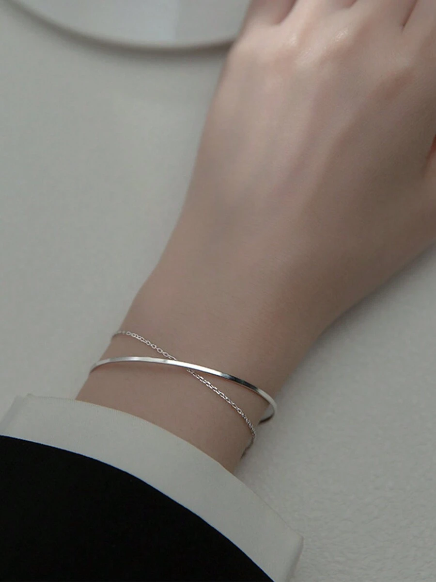 1 chiếc vòng tay nữ thanh lịch bằng bạc S925, kiểu dáng tối giản, dây đôi, thiết kế đường nét tinh tế, quà tặng cao cấp cho tiệc tùng/sinh nhật. - Bạc - Xem 1