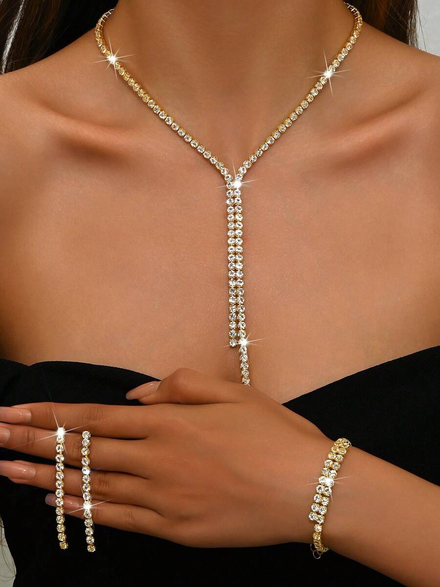 4 件套时尚百搭项链、耳环、手链首饰套装、人造方晶锆石配饰，适合女士婚礼 - 首飾套裝 - 查看 1