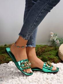 Giày sandal quai vuông mũi vuông đế bằng thoải mái, thời trang hè/thu mới cho nữ - màu xanh lá - Xem 4