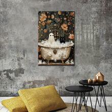 Framed Generic Vintage Halloween Posters, Funny Bathroom Canvas Wall Art,Ghost And Black Cat In Bathtub Prints,Aesthetic Halloween Pictures Wall Decor For Bedroom - 裱框 - 查看 4