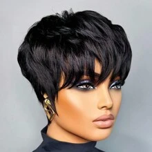 女士短直发精灵短发真人发假发 6 英寸 180% 密度分层机织假发带刘海黑色精灵假发 613 色红色搭配 4# 颜色适合日常佩戴和万圣节