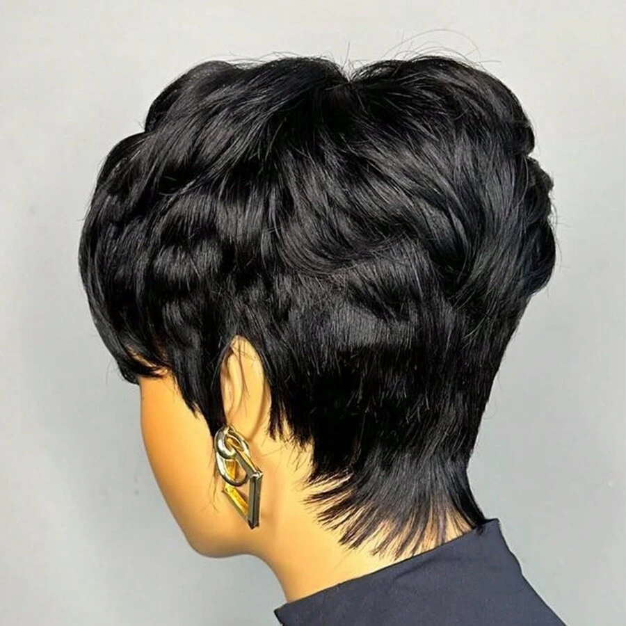 6-Inch 180% Density Layered Machine-Wefted Short Straight Pixie Wig With Bangs, Black Pixie Short Wig, 613 Red, #4 Color, Suitable For Daily Wear And Halloween Costume