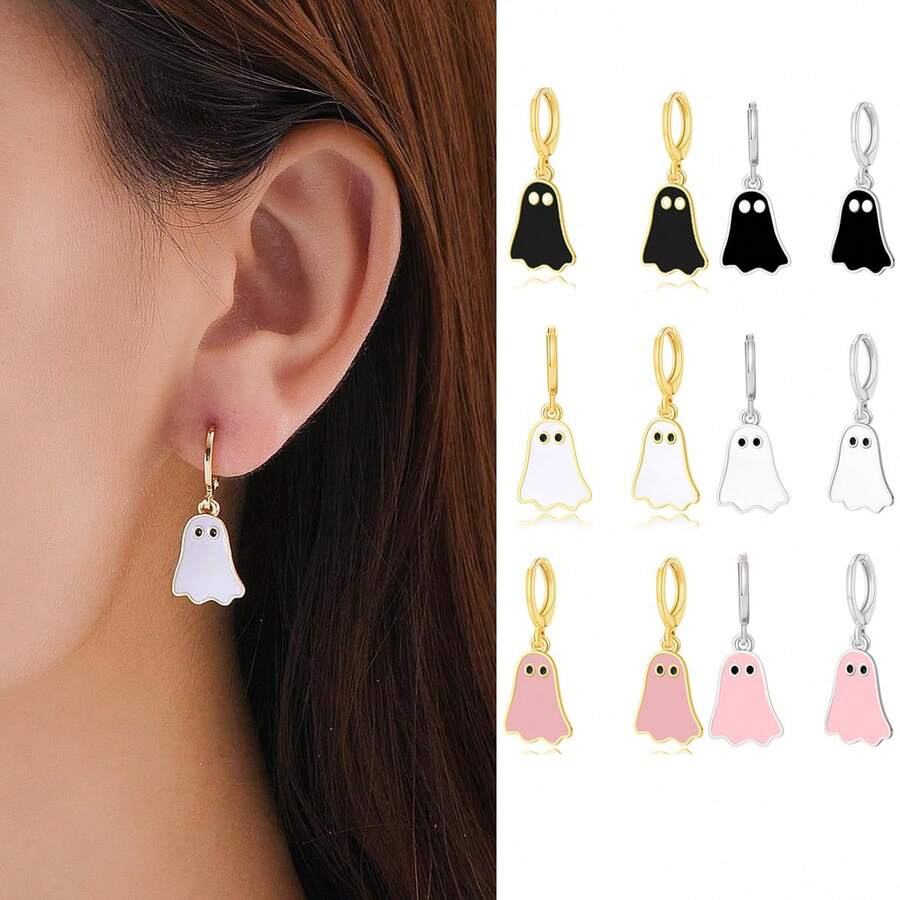 女士时尚可爱幽灵吊坠耳环珠宝圈形耳环万圣节礼物