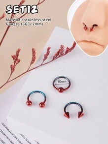 Morlyda 3Pcs/Set Cool Colorful Nose Ring Horseshoe Nose Hoops Earring 16g Stainless Steel Septum Jewelry Nose Ring Lip Ring Hinged Septum Hoops Piercing Jewelry, Septum Clicker Ring, Hoop Nose Ring For Septum, Helix, Rook, Tragus, Daith, Cartilage Earring For Women Men Halloween Piercing Body Jewelry For Party Dates Daily Wear