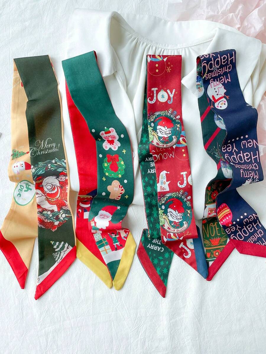 4pcs Christmas & New Year Slim Long Skinny Scarves, Atmosphere Inspired, Suitable For Tying As Waistband, Professional Neckerchief