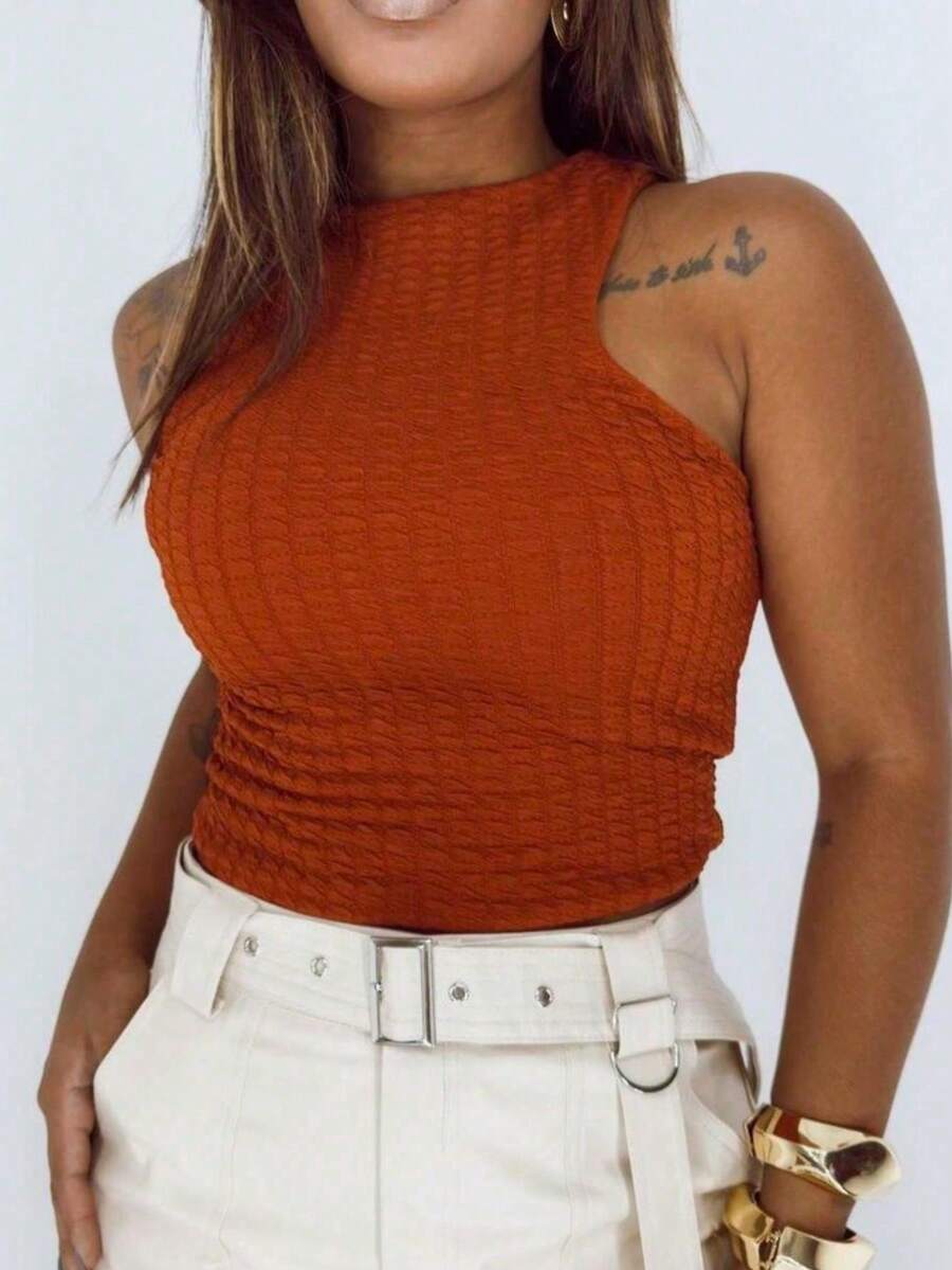 Women's Cropped Basic Bubble Tank Top Women's Basic Fashion - Terra Cota - View 1