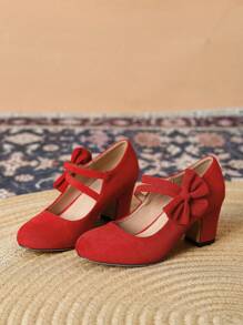 Autumn/Winter Wedding Casual Fashion High Heel Mary Jane T-Strap Shoes, Thick Heel Formal Dress Pumps, Velvet Work Office Red Shoes, Outdoor Women High Heels (Please Check Foot Length, Palm Circumference Parameters Before Purchasing) - Red - View 7
