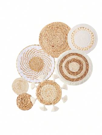 Boho Wall Baskets Decor Hanging Rustic Rattan Wicker Wall Baskets Round Wall Art For Farmhouse Living Rooms Bedrooms Kitchen Decorations