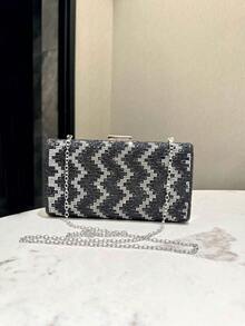 1 chiếc túi xách cầm tay đính đá lấp lánh màu đen dành cho nữ, dây đeo xích kim loại, túi đeo vai vuông cổ điển sang trọng cho những dịp trang trọng, đám cưới, tiệc tùng - màu đen - Xem 2