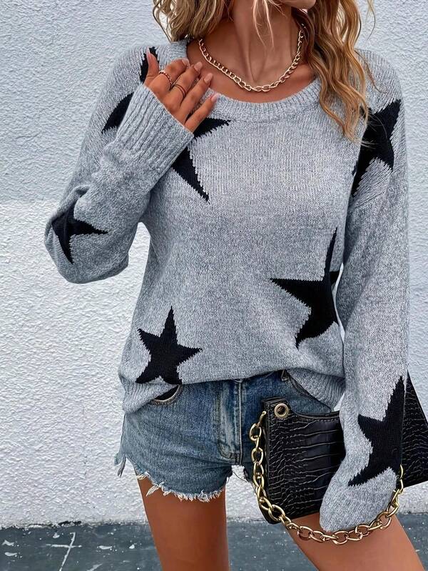 Suéter holgado de cuello redondo, estampado de estrellas, de manga larga para mujer, informal, para otoño/invierno