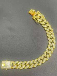 1 chiếc vòng tay mắt xích dày có khóa Dragon Claw, hoàn toàn phủ đá, phụ kiện thời trang Hip Hop phù hợp cho nam giới - Vàng - Xem 4