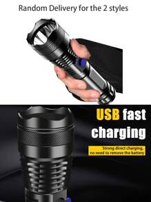 1pc Rechargeable High Brightness ABS Flashlight, USB Charging, Battery Level Display, Waterproof, Long Beam Distance, Suitable For Camping, Running, Fishing, Hiking, Reading, Outdoor Activities - Black - View 10