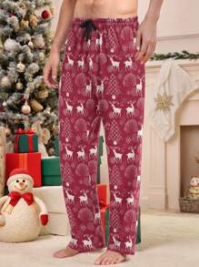 Men's Casual Deer Print Long Pants, Lounge Pants, Autumn/Winter, For Christmas - Red and White - View 2