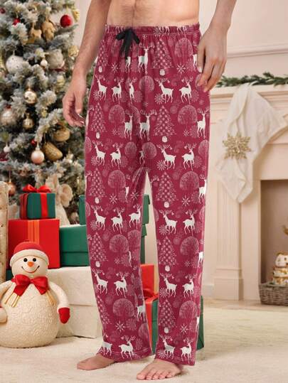 Men's Casual Deer Print Long Pants, Lounge Pants, Autumn/Winter, For Christmas