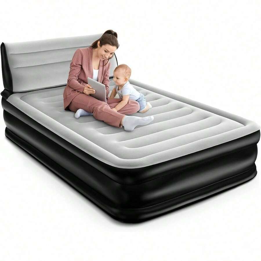 Double Airbed With Headboard, Inflatable Air Mattress With BuiltIn
