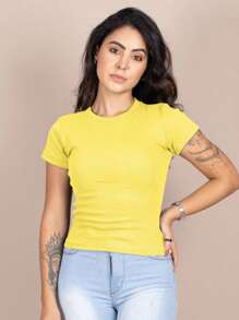 Women's Ribbed Blouse Basic Casual T-Shirt Round Neck Short Sleeve Premium - Amarillo - Ver 1