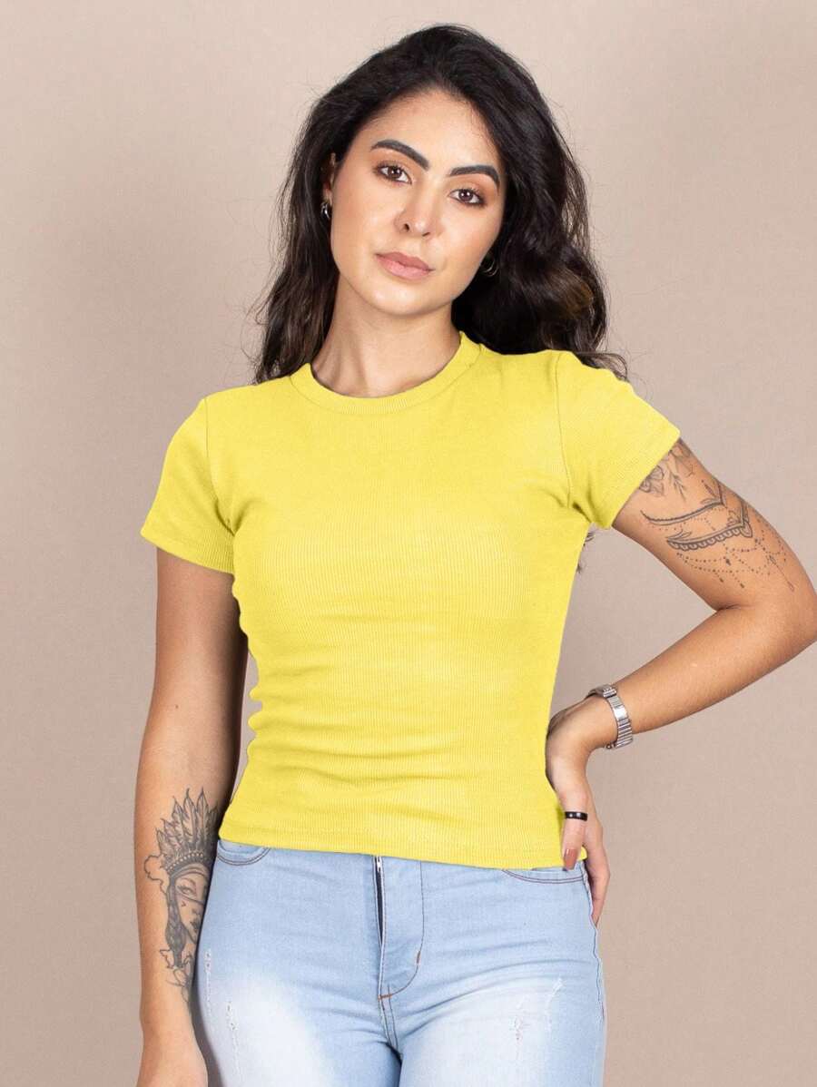 Women's Ribbed Blouse Basic Casual T-Shirt Round Neck Short Sleeve Premium - Amarillo - Ver 1