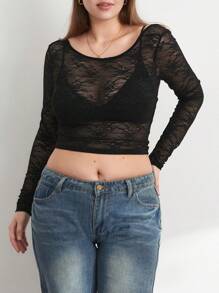 Women Y2K Floral Lace Shirt Top Long Sleeve Sheer Mesh See Through T Shirts Sexy Backless Slim Fit Going Out Crop Tee Tops Aesthetic Clothes Club Streetwear - màu đen - Xem 3