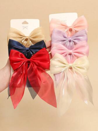 4/7 Pcs Girls Pearlescent Bow Hair Clips, Colorful Solid Long Mesh Ribbon Hairpins, Sweet Cute Alligator Hair Clip, Fashion Elegant Hair Barrettes Hair Accessories For Parties And Daily Use