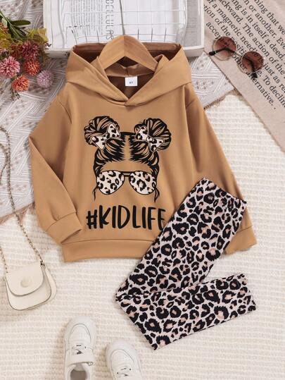 Young Girl Casual Letter Print Sweatshirt And Leopard Pants 2pcs Set, Suitable For Spring & Autumn