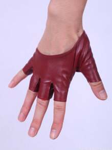 1 双斜纹 PU 无指手套，适合情人节节日装扮 - 酒紅色 - 查看 3