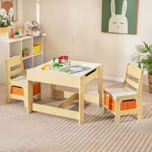 Lifezeal 3 In 1 Wood Activity Table Chair Set W/Storage Box - Natural - View 2