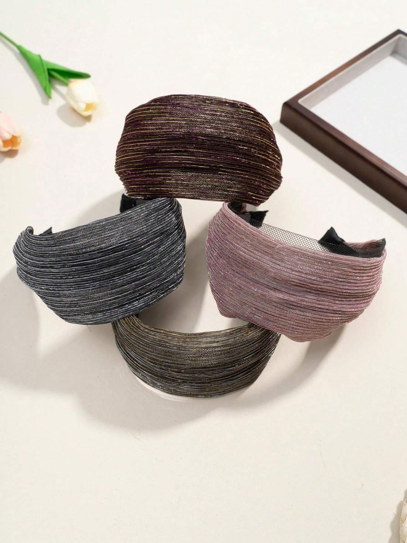 1pc Gold Wire Headband Silver Glitter Fabric Wide Edge Hairband For