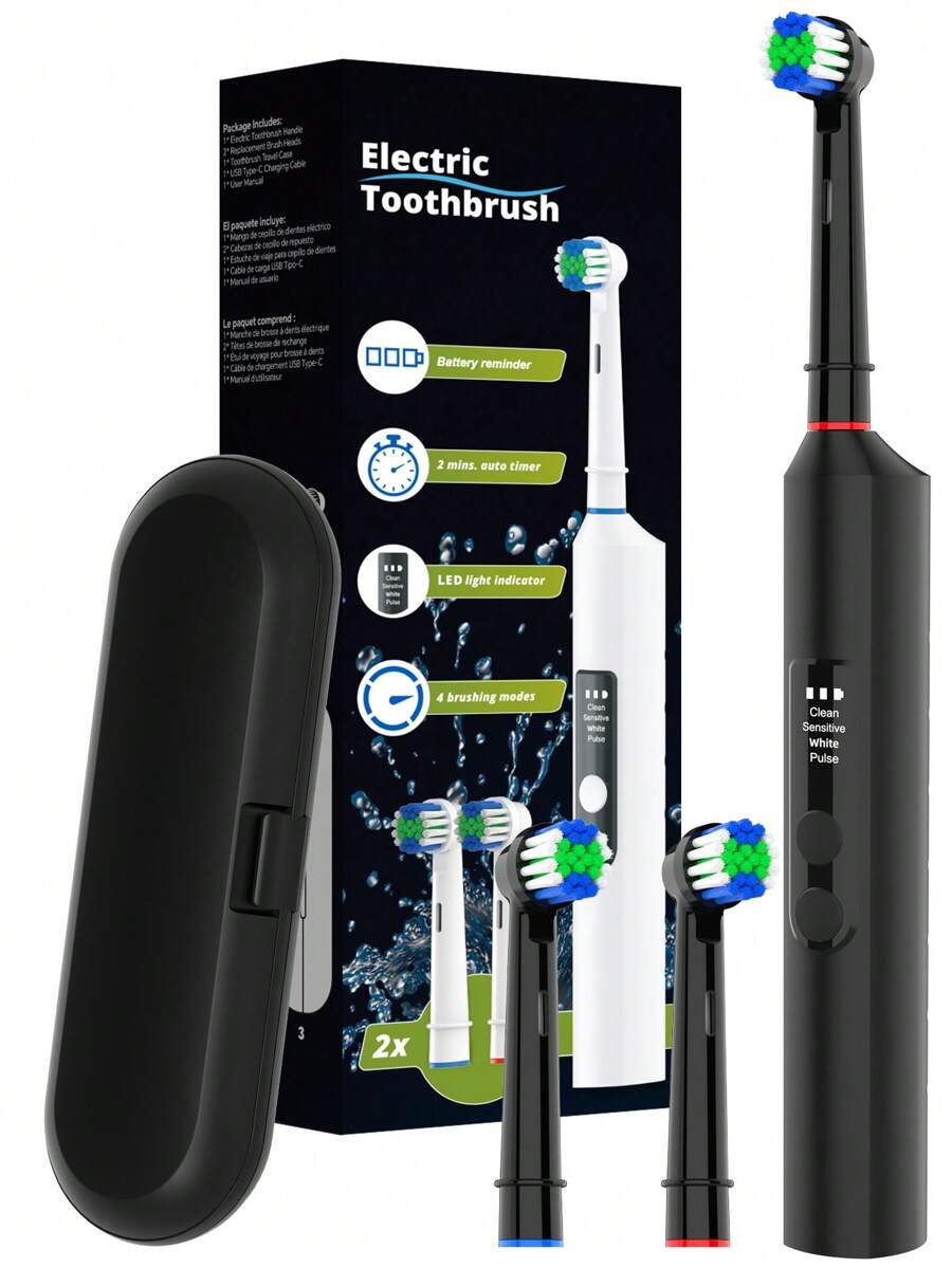 Smart Electric Toothbrush, 4 Cleaning Modes USB Charging Rechargeable Electric Powered Toothbrushes - 2 Minute Timer, LED Indicator, Travel Case & 2 Brush Heads, Compatible With OralB Electric Toothbrush Heads - Multicolor - View 1