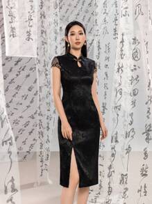 短袖蕾絲花卉設計分裂大腿新中式旗袍裙 - 黑色 - 查看 6