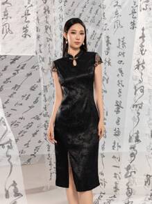 短袖蕾絲花卉設計分裂大腿新中式旗袍裙 - 黑色 - 查看 5