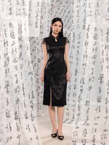 短袖蕾絲花卉設計分裂大腿新中式旗袍裙 - 黑色 - 查看 4