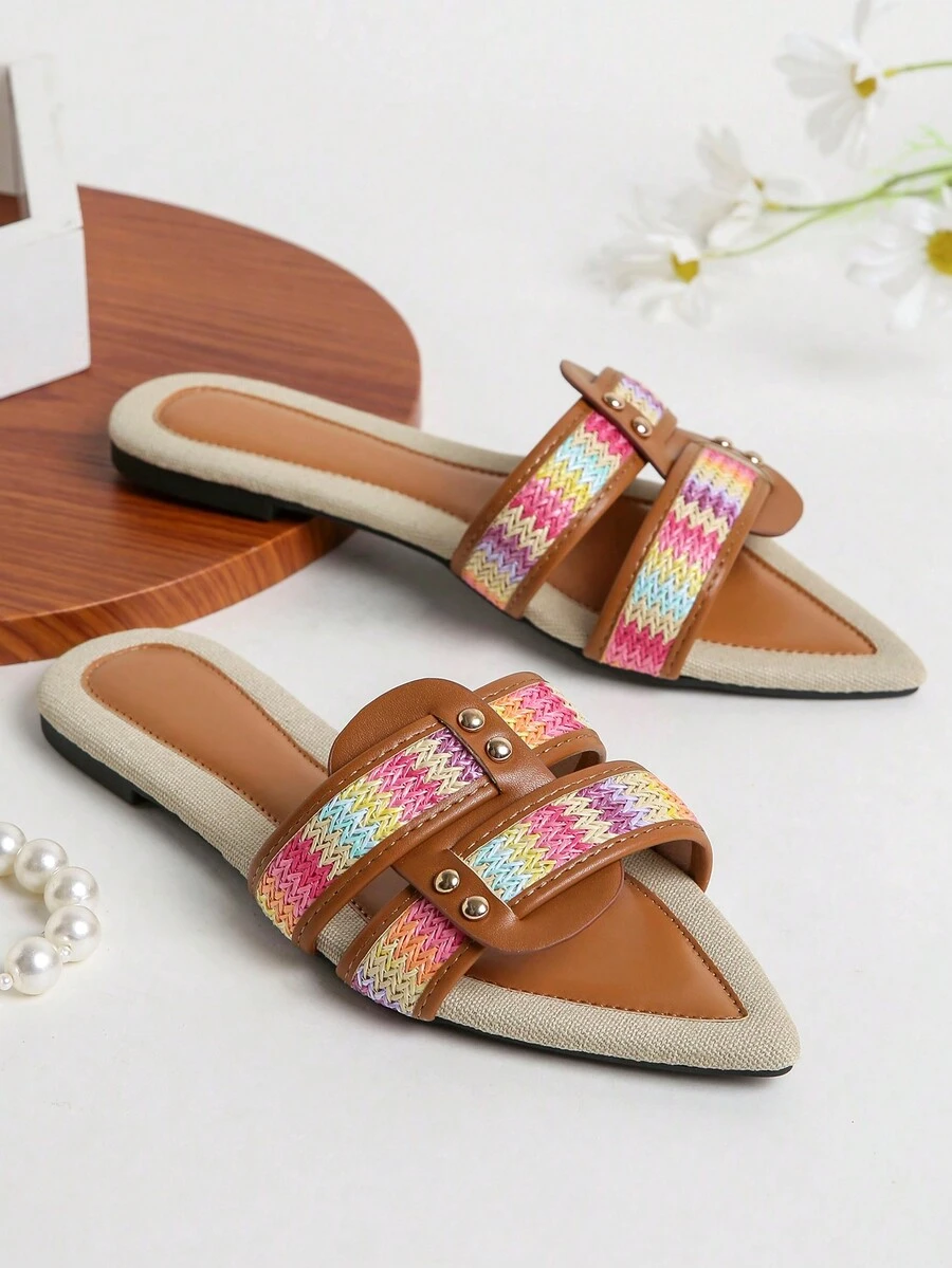 Women's Color Block Flat Sandals, Pointed Toe Fashion Outdoor Casual Slippers For Party & Travel - Multicolor - View 1