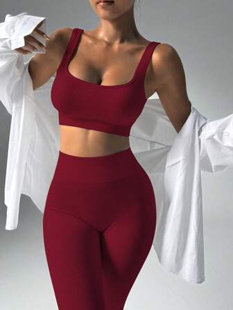 2 件套，背心和紧身裤，无缝，透气，柔软舒适，日常，户外，运动，女士健身服套装，女士健身套装，紧身裤 2 件套