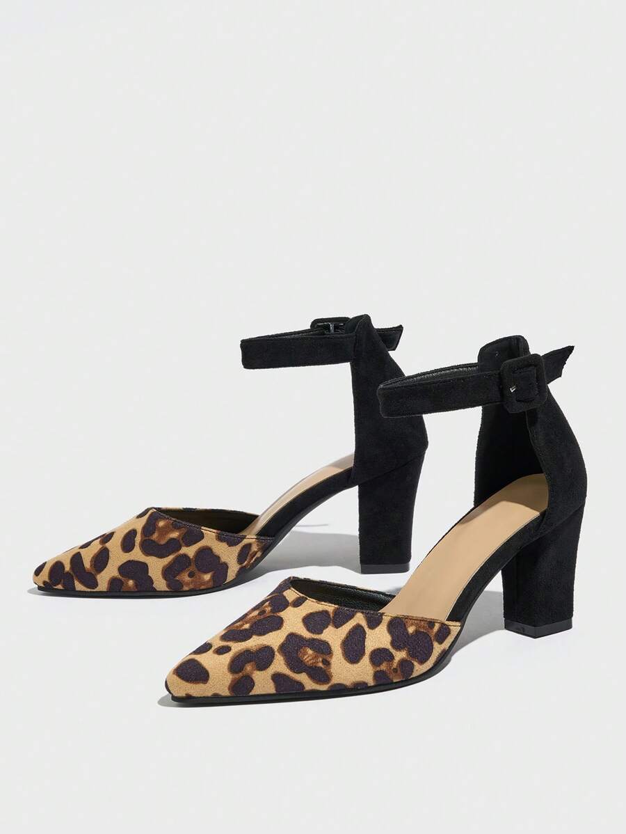 女士新款尖头豹纹镂空中跟凉鞋，时尚百搭 - 彩色 - 查看 1