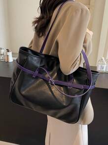 2024秋冬新款高档PU纹理大容量手提包时尚百搭通勤手提包单肩包甜美酷炫机车朋克风女包
