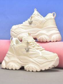 女士金属银色蝴蝶装饰时尚运动鞋，厚底，增高 6 厘米，黑色高跟鞋，朋克风格，秋冬季舒适保暖，轻便透气网眼运动鞋，适合青少年、大学生、四季户外，软底防滑跑鞋，日常休闲、约会、健身、办公穿着，坡跟运动鞋 - 米色 - 查看 10