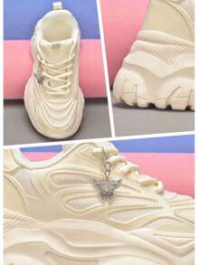 女士金属银色蝴蝶装饰时尚运动鞋，厚底，增高 6 厘米，黑色高跟鞋，朋克风格，秋冬季舒适保暖，轻便透气网眼运动鞋，适合青少年、大学生、四季户外，软底防滑跑鞋，日常休闲、约会、健身、办公穿着，坡跟运动鞋 - 米色 - 查看 3
