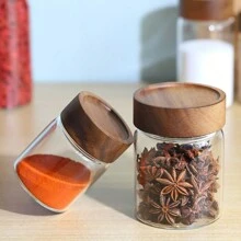 1pc Spice Container - 180ml/240ml Glass Spice Jar With Acacia Sealing Lid And Label - Stackable Round Empty Spice Bottle, Suitable For Kitchen Spices, Coffee Beans, Tea, Sugar, Herbs