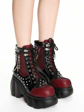Women's Chain Platform Boots Lace Up & Zipper Chunky Heel Black Combat Ankle Booties Fashion Studded Motorcycle Boots
