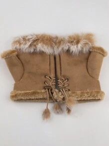 Patchwork Fluffy Warming Y2K Street Style Fingerless Short Gloves With Strap - Multicolor - View 9