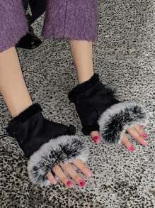 Patchwork Fluffy Warming Y2K Street Style Fingerless Short Gloves With Strap - Multicolor - View 3
