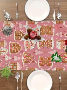 1 Pezzo di Runners da tavolo con motivo a casetta di pan di zenzero rosa, decorazione natalizia per la casa, articoli per feste interne/esterne, decorazione per la stanza, adatto per la decorazione natalizia della cucina di casa e per le feste di Natale