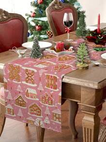 1 Pezzo di Runners da tavolo con motivo a casetta di pan di zenzero rosa, decorazione natalizia per la casa, articoli per feste interne/esterne, decorazione per la stanza, adatto per la decorazione natalizia della cucina di casa e per le feste di Natale
