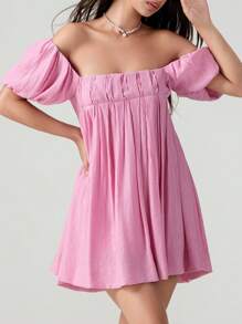 Women Puff Sleeve Babydoll Dress Square Neck Tie Up Mini Sundress Summer Y2k Solid Off Shoulder Flowy Short Dresses - Hồng - Xem 3