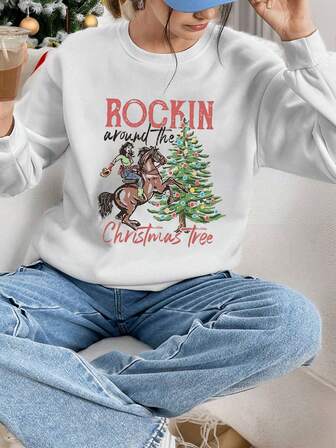 Casual Round Neck Top With Cowgirl & Christmas Tree Print