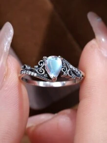 Nhẫn họa tiết hoa giọt nước đá mặt trăng bạc 925 độc đáo cổ điển, trang sức thời trang phong cách Bohemian dành cho phụ nữ ngày lễ tình nhân - Màu Bạc Cổ - Xem 1