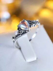 Nhẫn họa tiết hoa giọt nước đá mặt trăng bạc 925 độc đáo cổ điển, trang sức thời trang phong cách Bohemian dành cho phụ nữ ngày lễ tình nhân - Màu Bạc Cổ - Xem 3